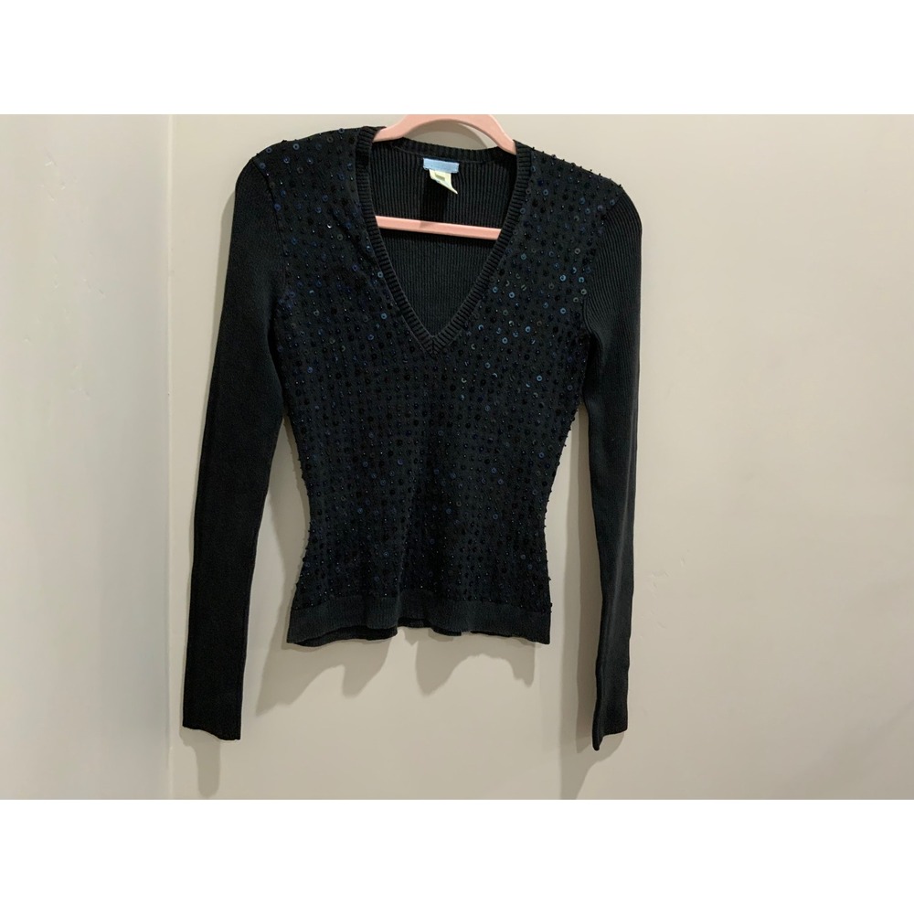 Urchin Sequin silk Embellished V Neck Sweater Women's Size S Black Long Sleeve